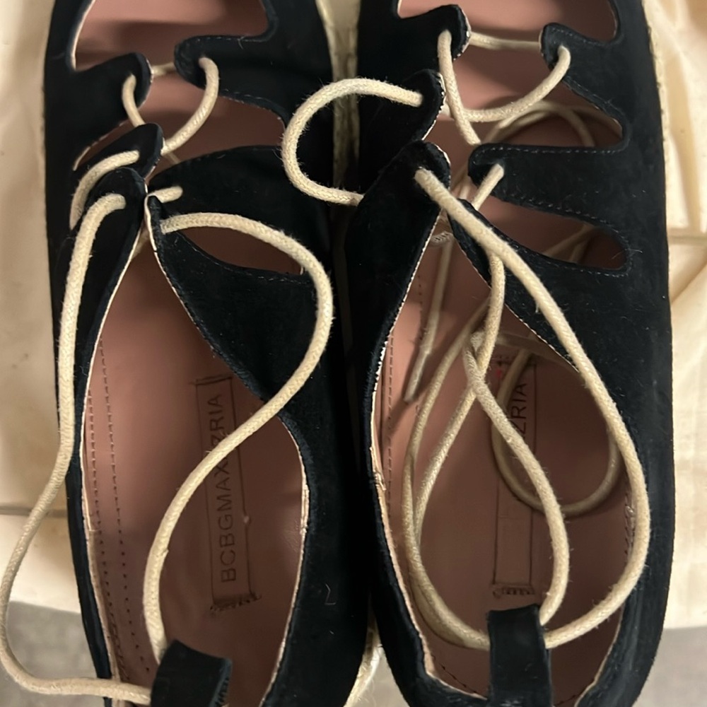 Black Espadrille Lace-Up Flats. BCBGMAXAZRIA. Used once. Very good condition. - Picture 5 of 7